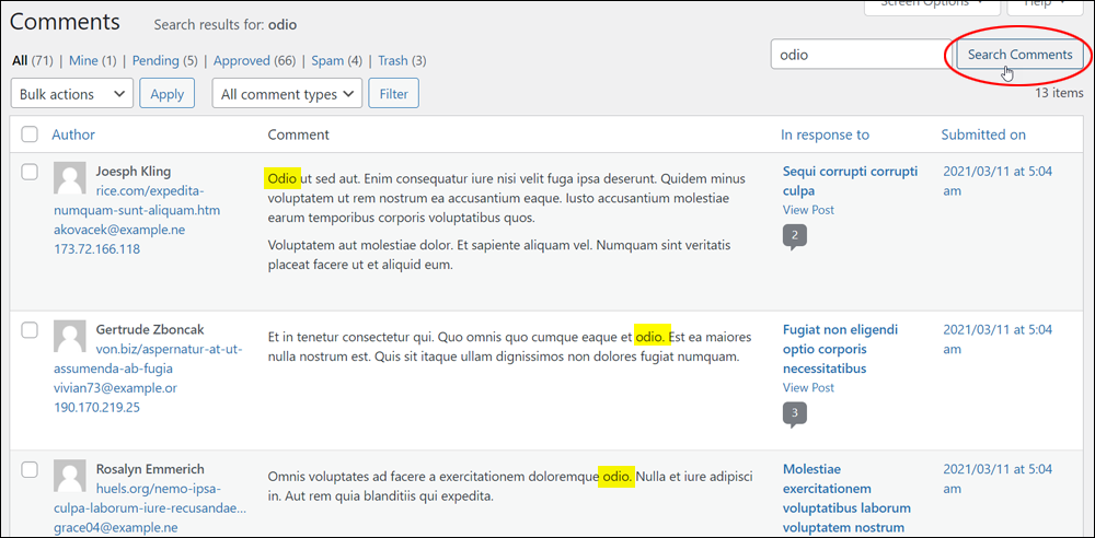 WordPress Comments screen - Search comments feature.