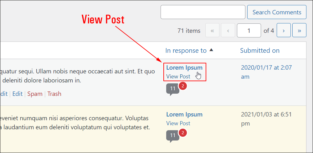 WordPress Comments screen: In response to - view post.