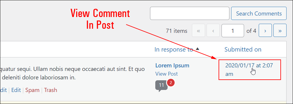 WordPress Comments screen - View comment in post or page by date and time.