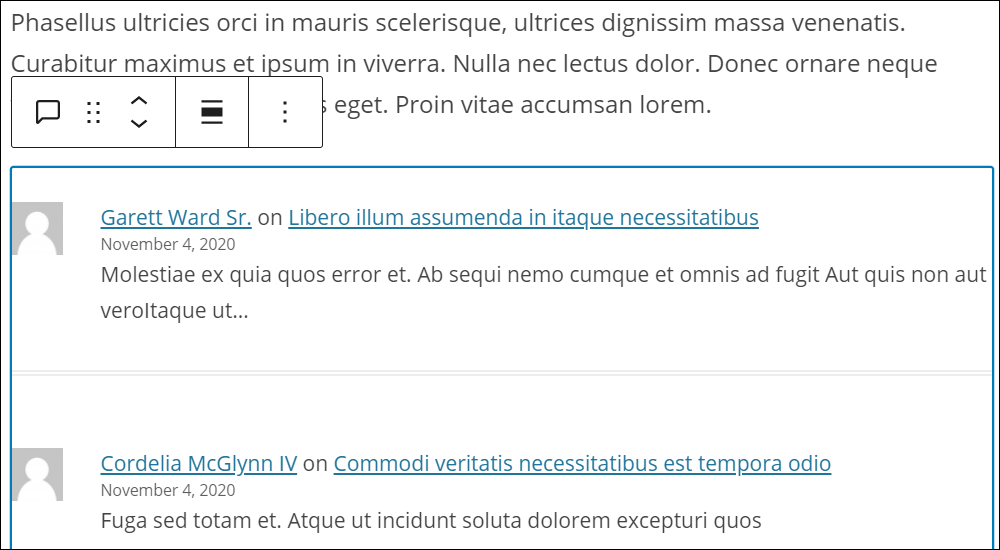 WordPress block editor - Latest comments block.