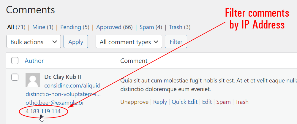 WordPress Comments screen: - Filter comments by IP address.