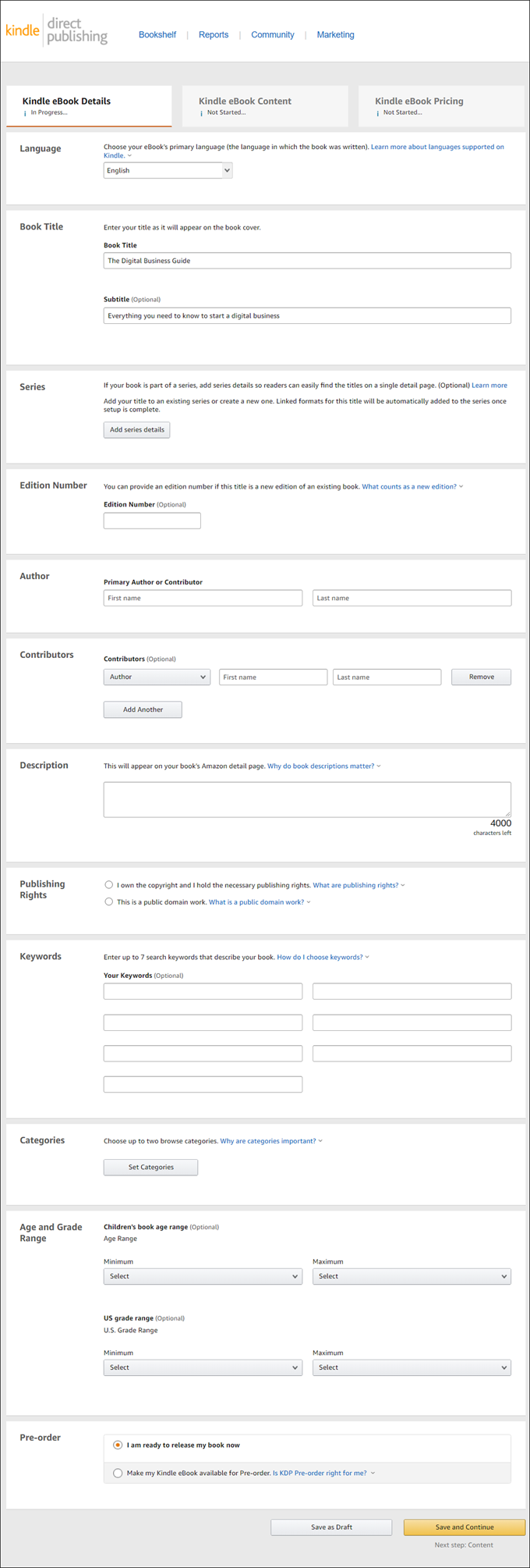 Amazon KDP eBook Details screen.