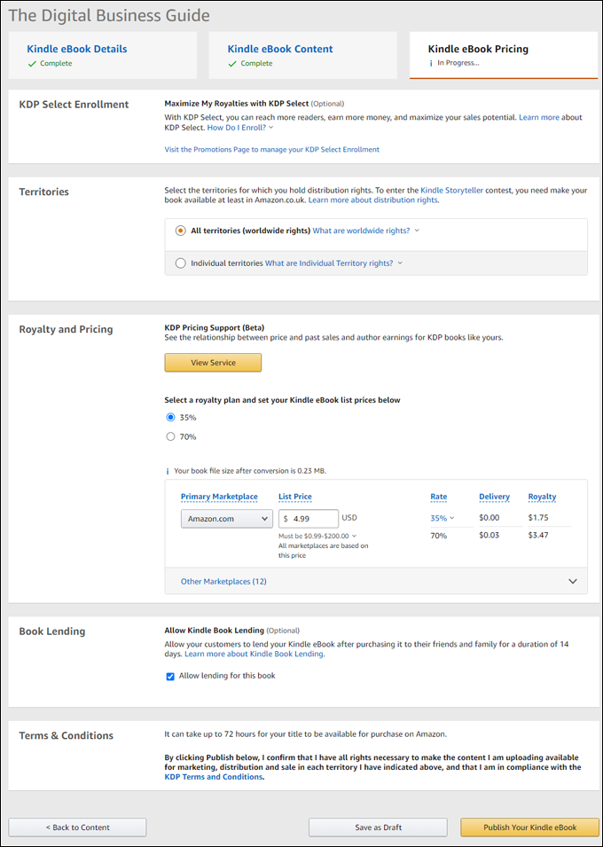 Amazon KDP eBook Pricing screen.