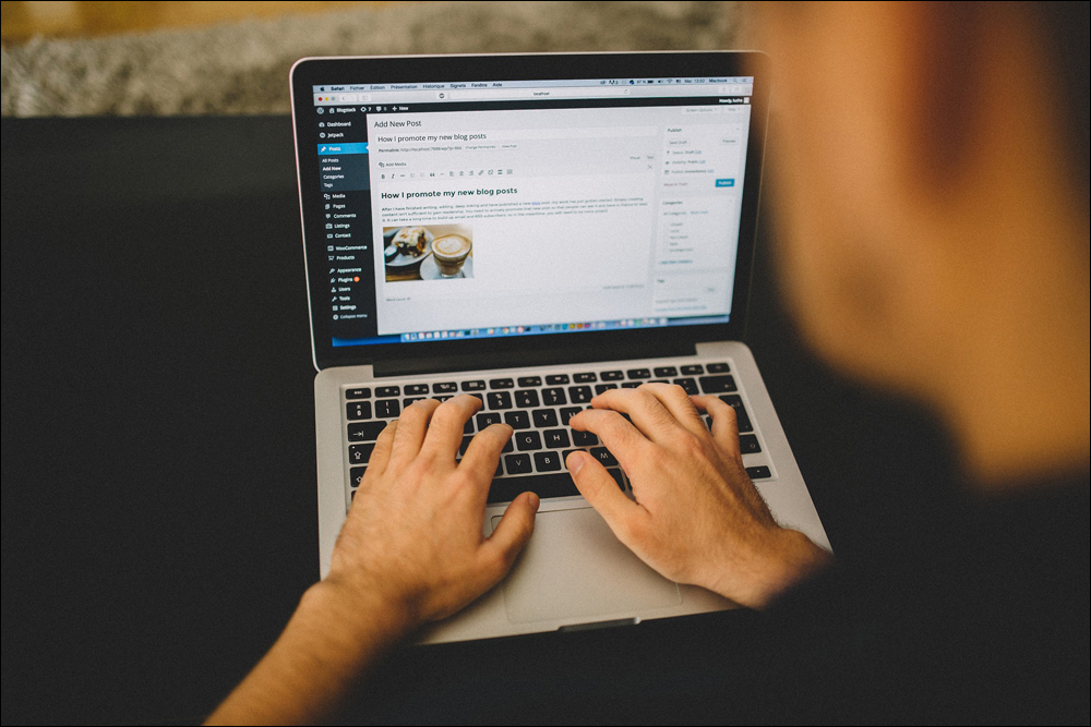 Blogger creating a post on WordPress.