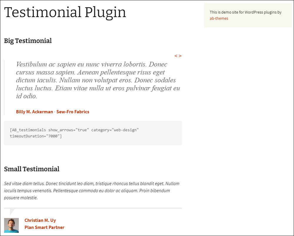 Sample testimonials created using AB Testimonial plugin.