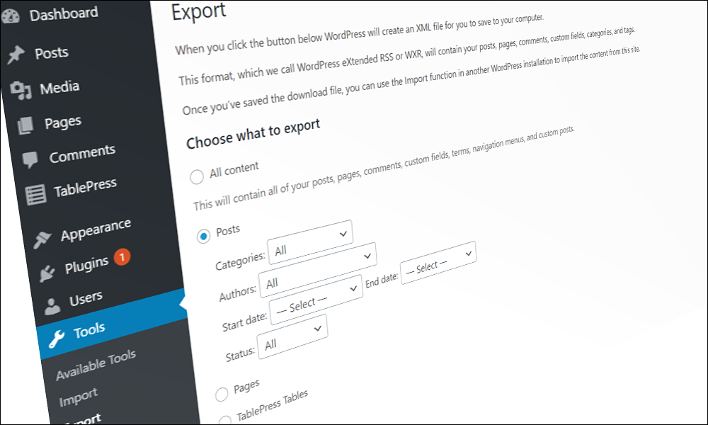 WordPress Tools - Export Screen.