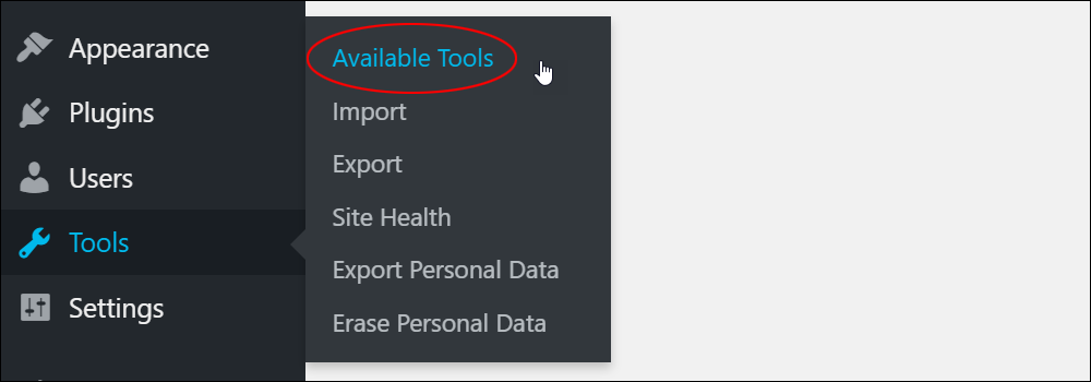 WordPress Tools Menu - Available Tools.