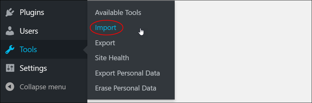 WordPress Tools menu - Import.