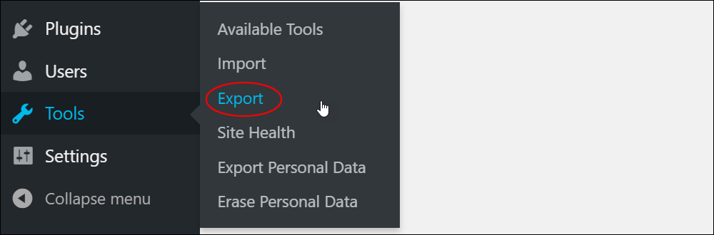 WordPress Tools menu - Export.