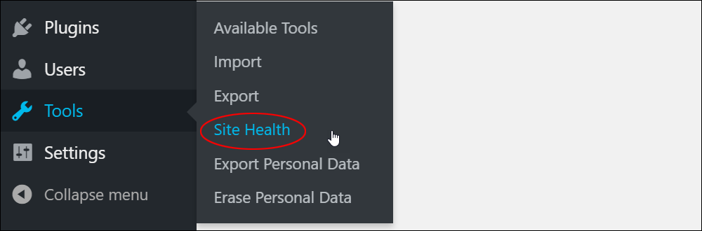 WordPress Tools menu - Site Health.