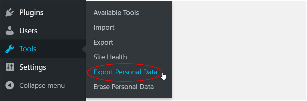 WordPress Tools Menu - Export Personal Data.