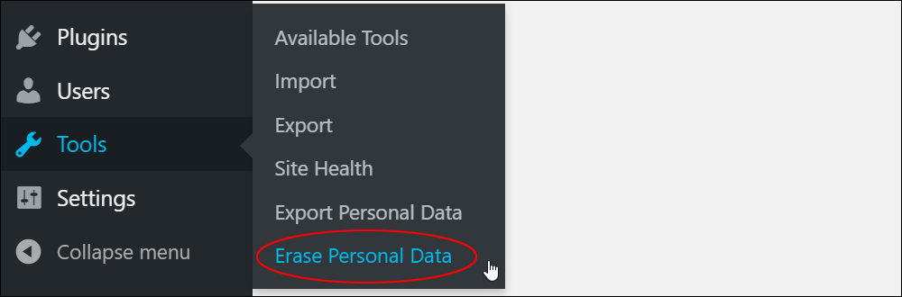 WordPress Tools menu - Erase Personal Data.