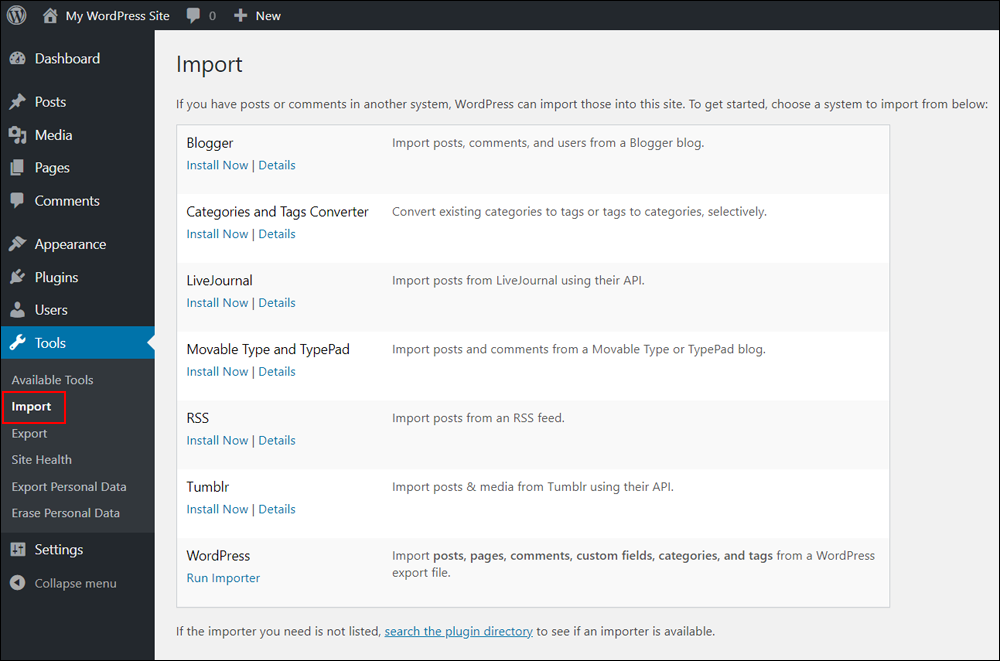 WordPress Tools menu - Import screen.