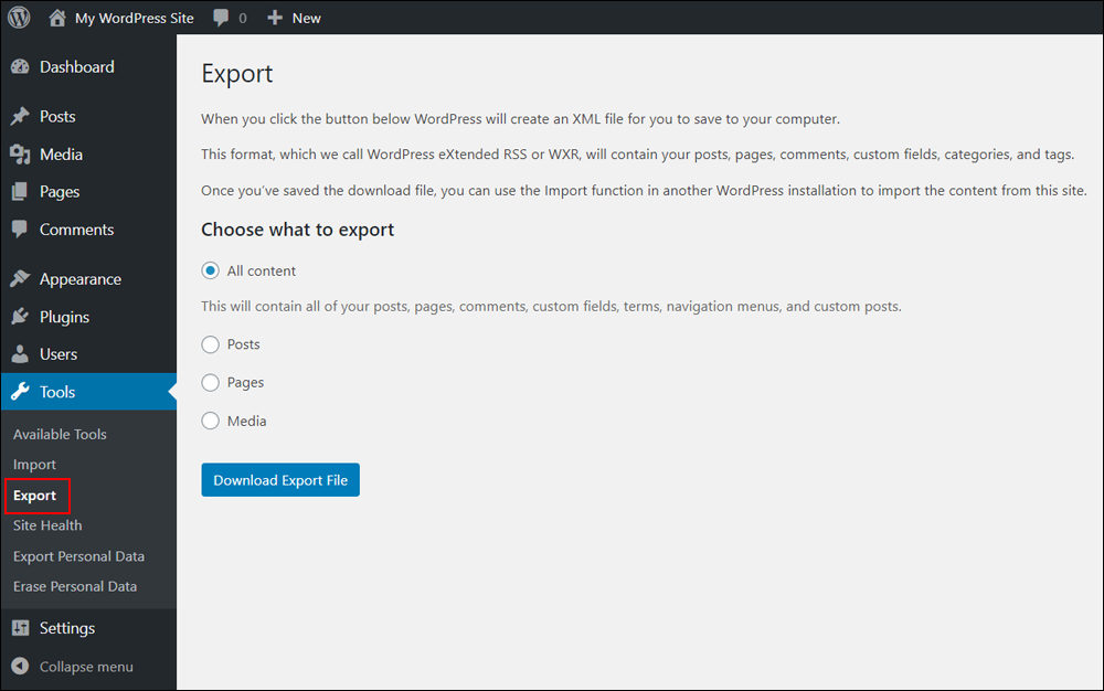 WordPress Tools menu - Export screen.