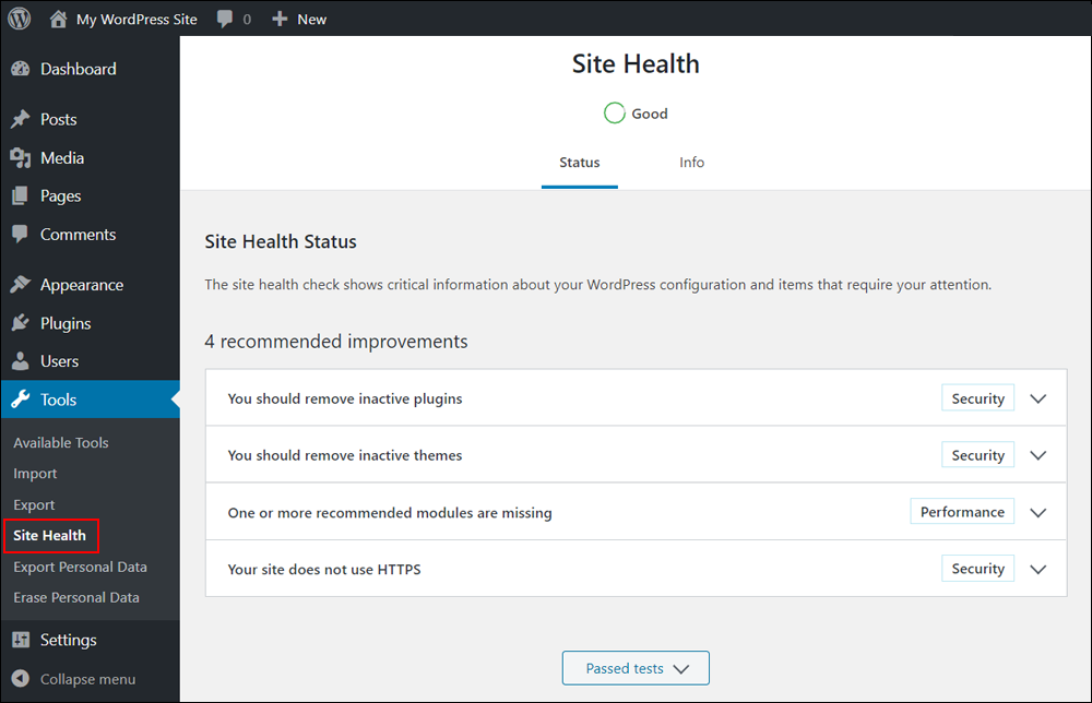 WordPress Tools - Site Health screen.