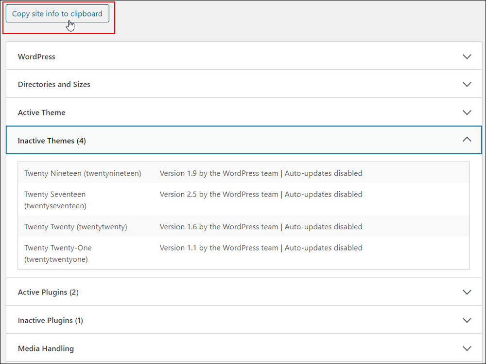 Site Health tool Info screen - Copy site to clipboard button.