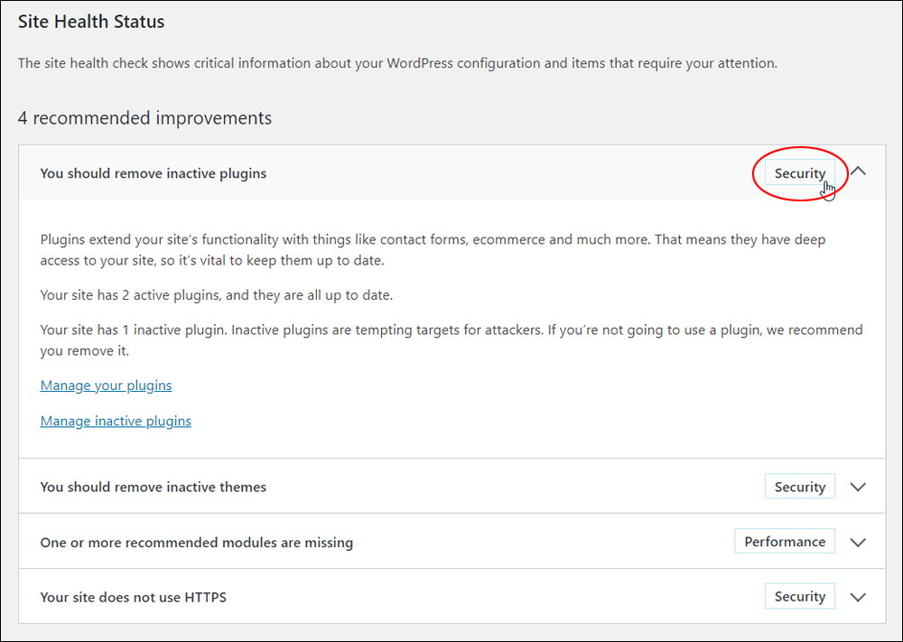 Site Health Status screen - recommended improvements.