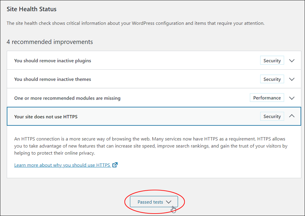 Site Health Status screen - Passed tests.