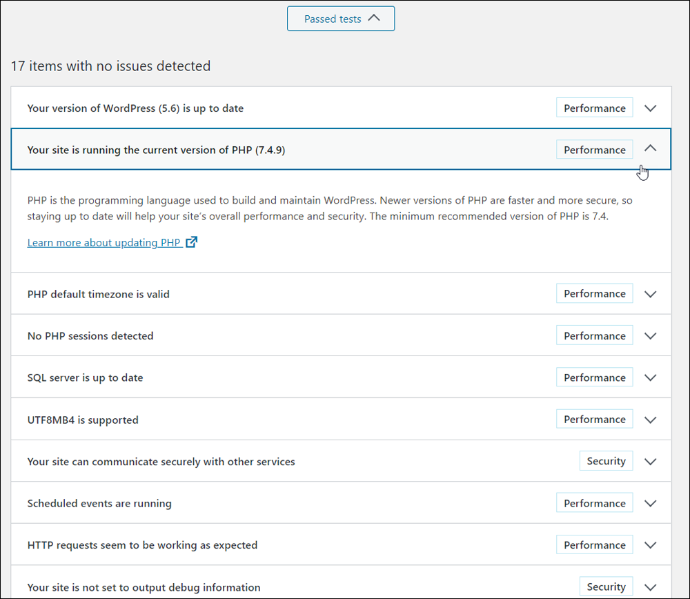 Site Health Status screen - Passed tests.