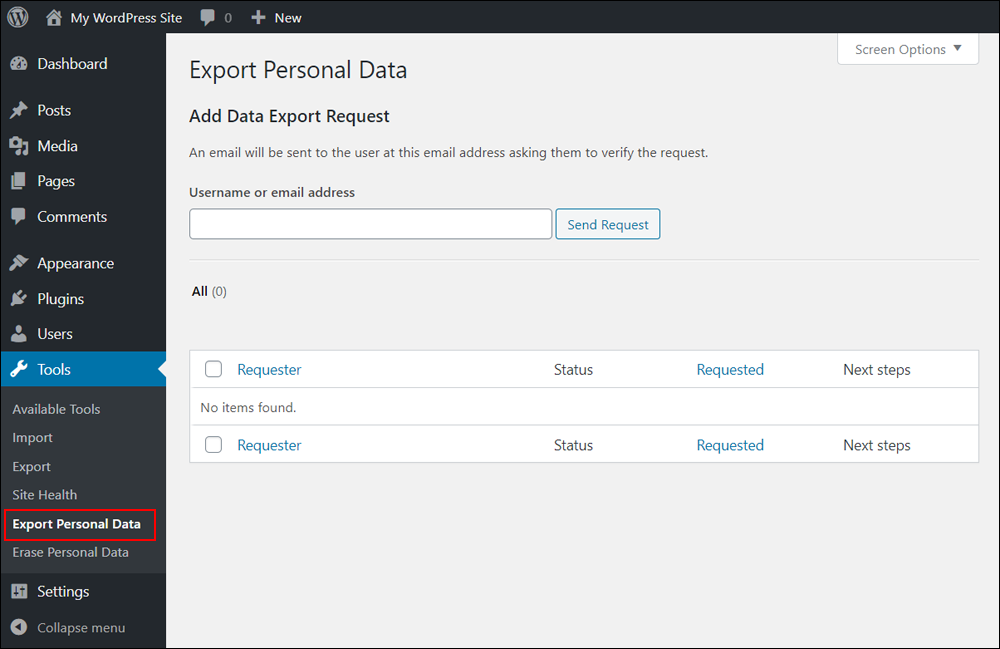 WordPress Tools - Export Personal Data screen.