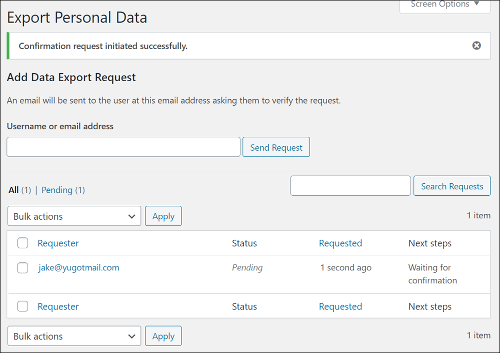 Export Personal Data screen - Confirmation request initiated successfully.