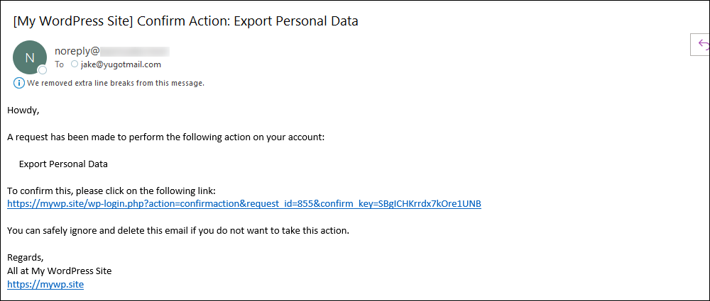 Export Personal Data confirmation email.