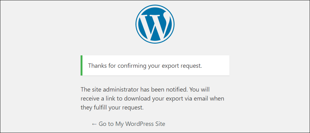 WordPress data export confirmation screen.