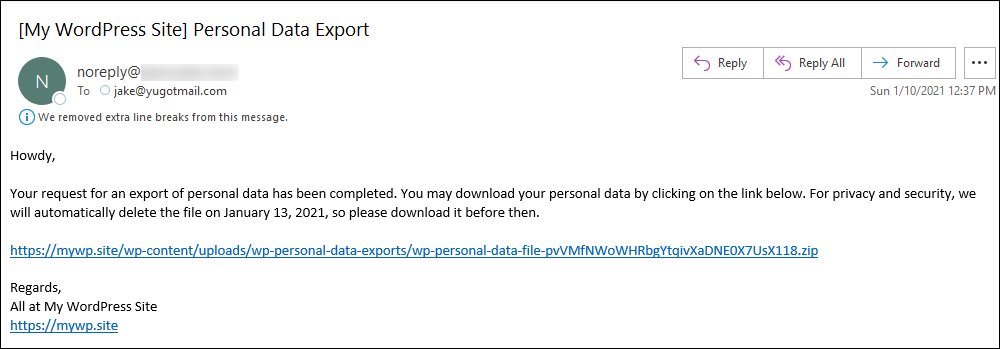 Personal Data Export email sample.