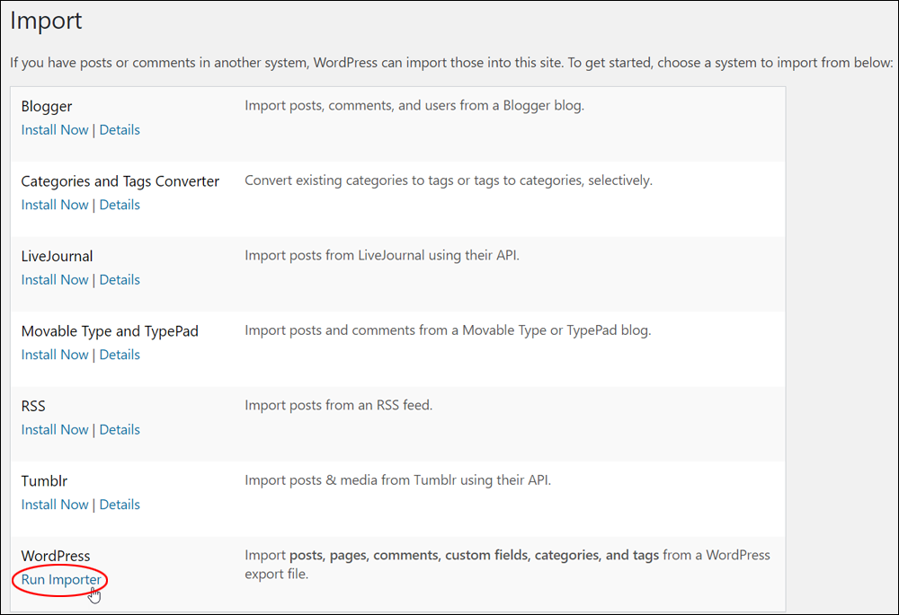 WordPress Importer tool - Run Importer