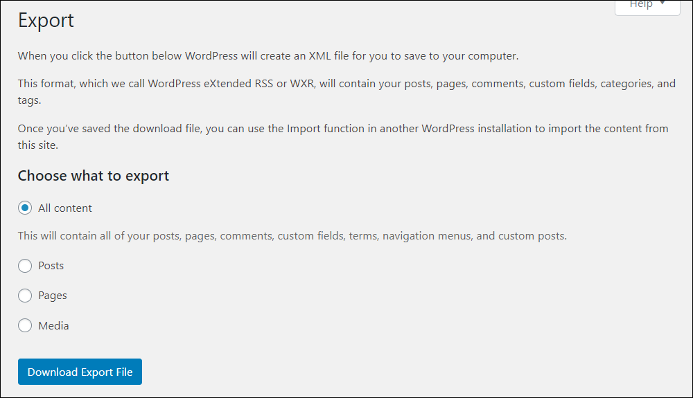 WordPress Tools: Export screen - Choose what to export: All content