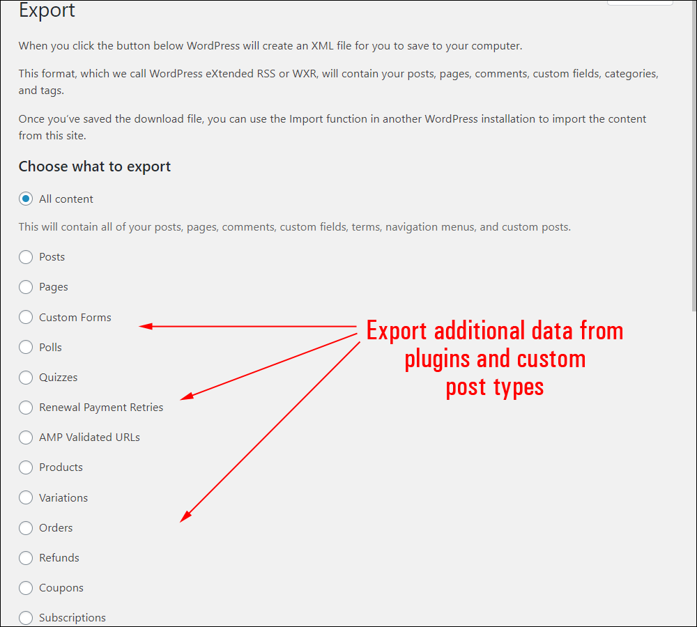 WordPress Tools: Export screen - Choose what to export.