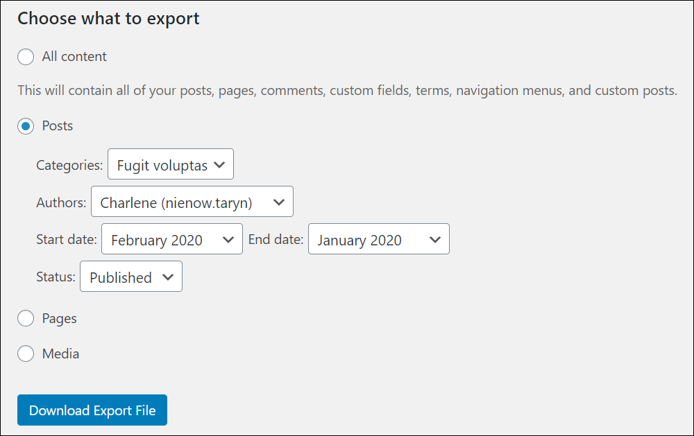 WordPress Tools: Export screen - Choose what to export: Posts selected.