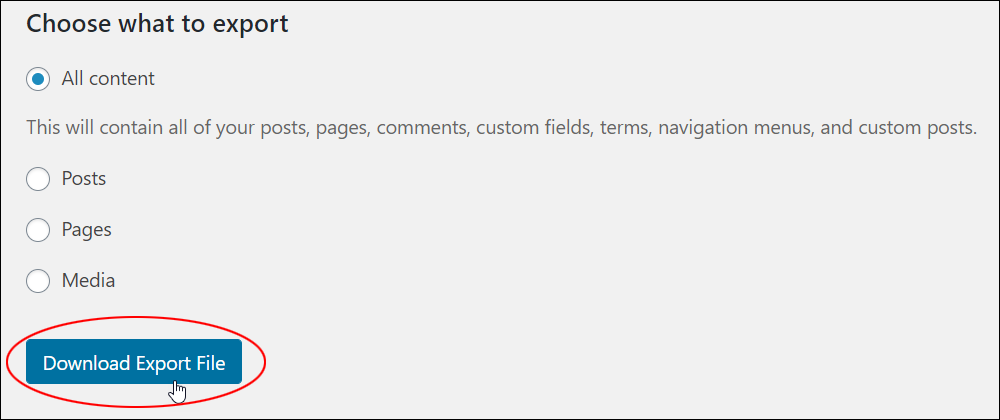 WordPress Tools: Export screen - Choose what to export - Download Export File button.