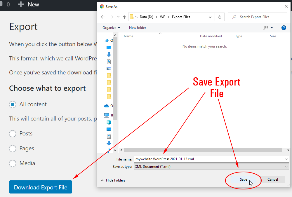 Save As window browser - Save export file.