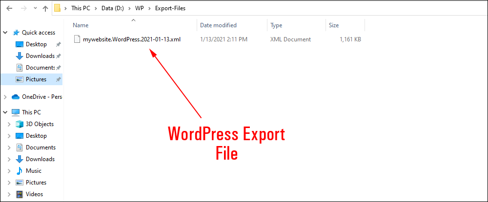 WordPress export file saved in a hard drive folder.