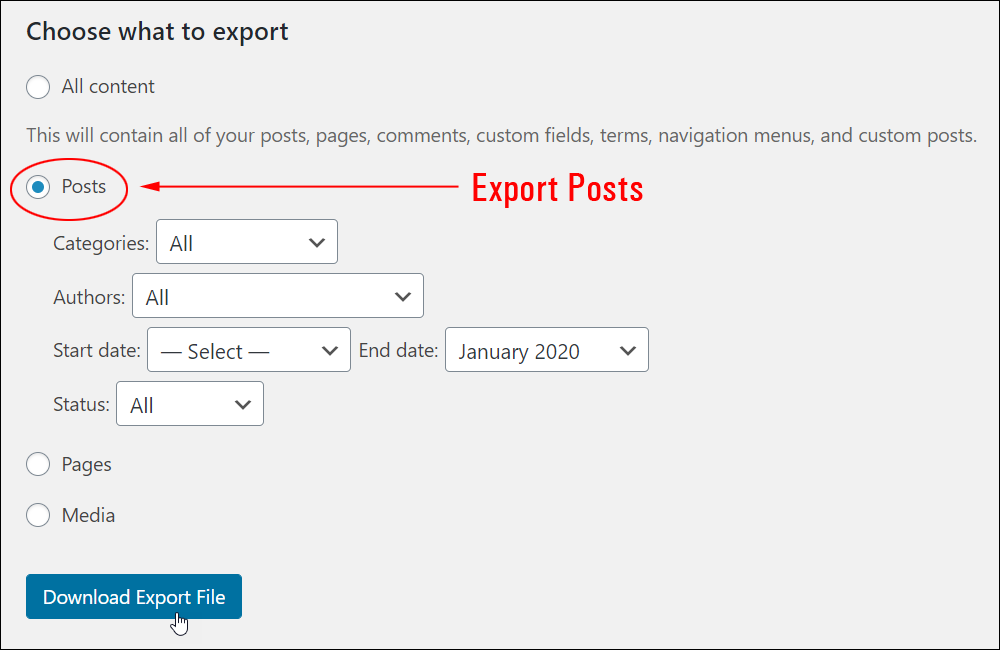 Choose what to export - Posts