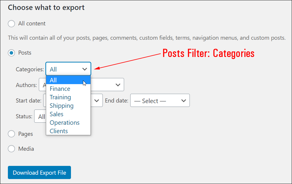 Export Posts Filter: Categories