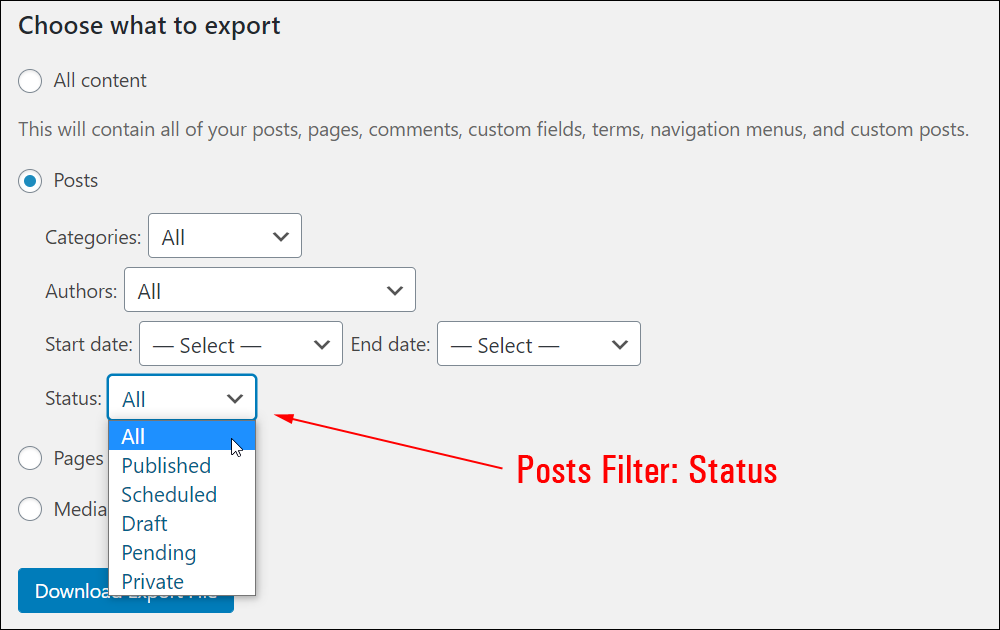 Export Posts Filter: Status