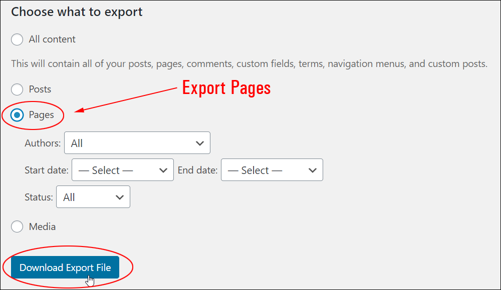 Choose what to export - Pages