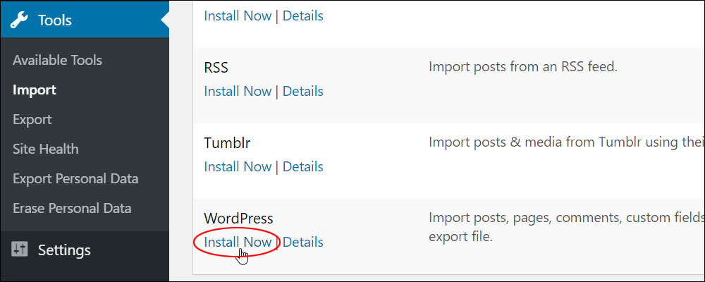 Import screen: WordPress importer tool.