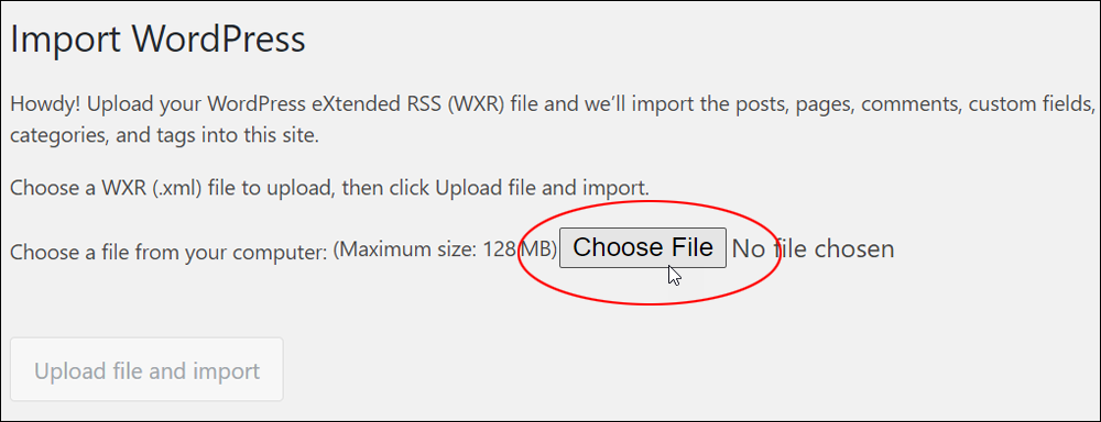 Import WordPress - Choose File button.