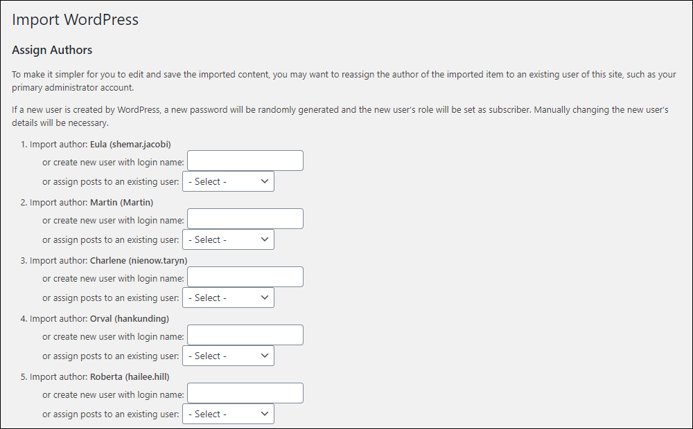 Import WordPress screen - Assign Authors.