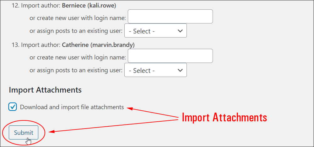 WordPress Import screen - Import Attachments