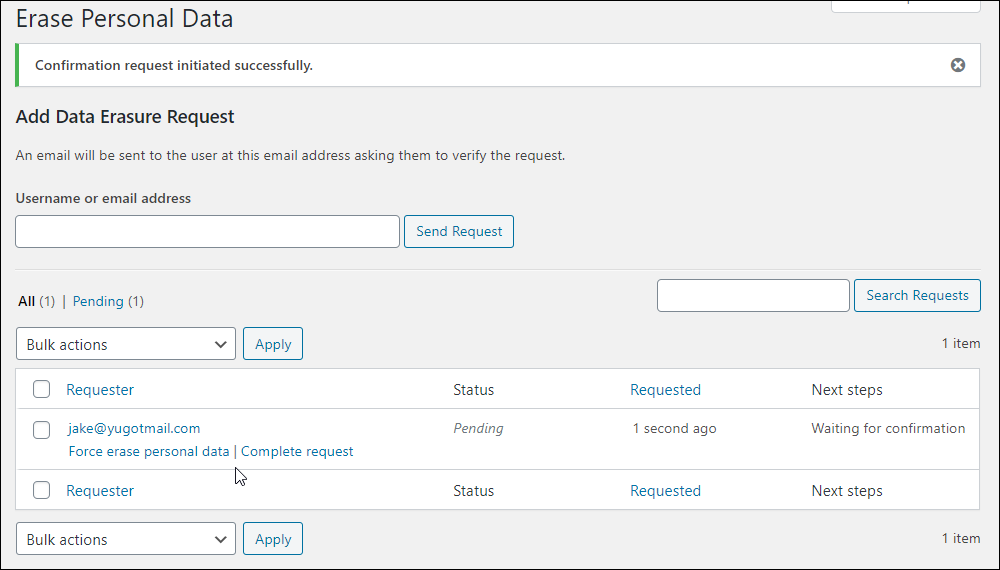 WordPress Tools: Erase Personal Data screen - Add Data Erasure Request