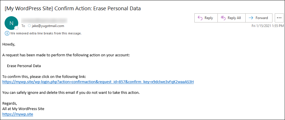 Sample Erase Personal Data email sent to user.