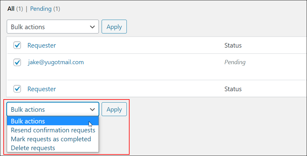 Export Personal Data screen - Bulk actions menu.