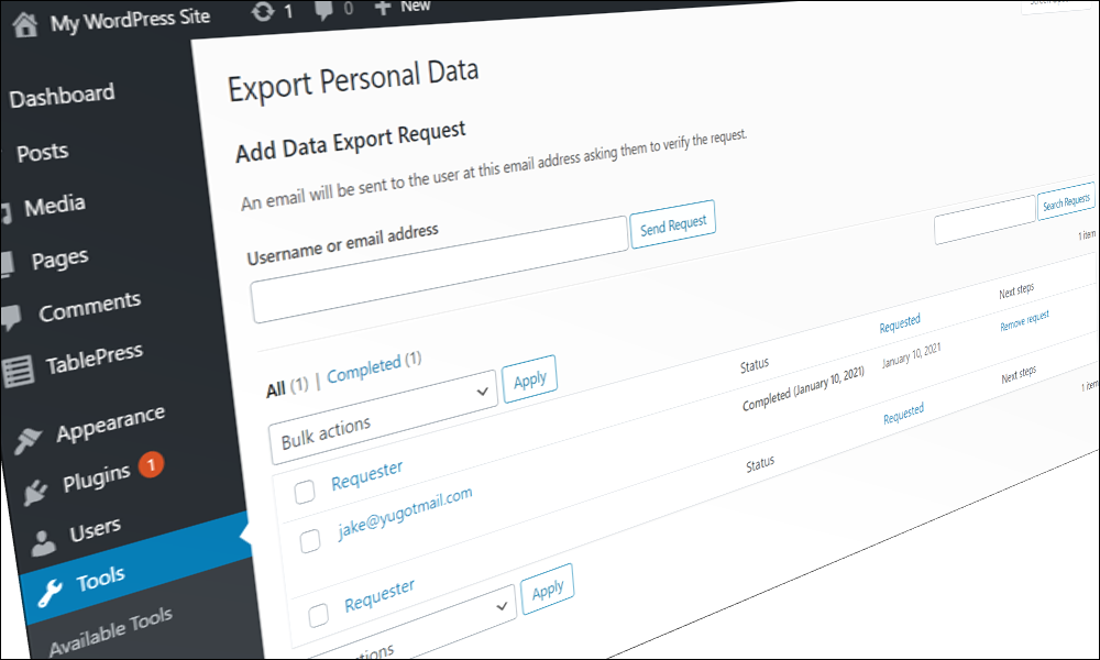 WordPress Tools - Erase Personal Data Screen.