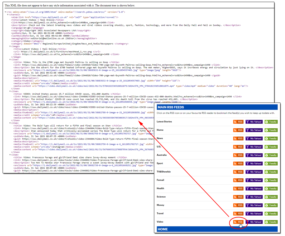 Composite image showing RSS feed button being clicked leading to a page with XML data.