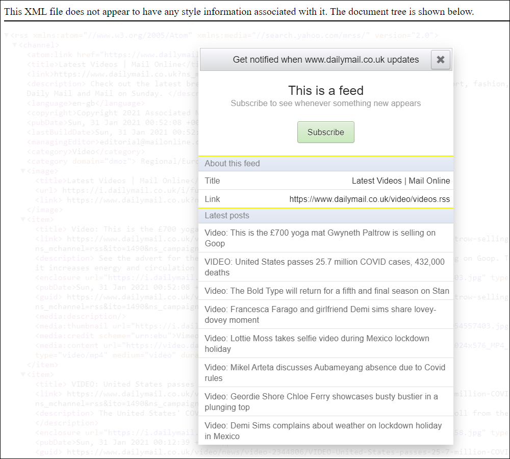 XML data and feed subscription window.