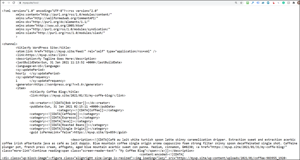 A WordPress feed page displaying content as XML data.